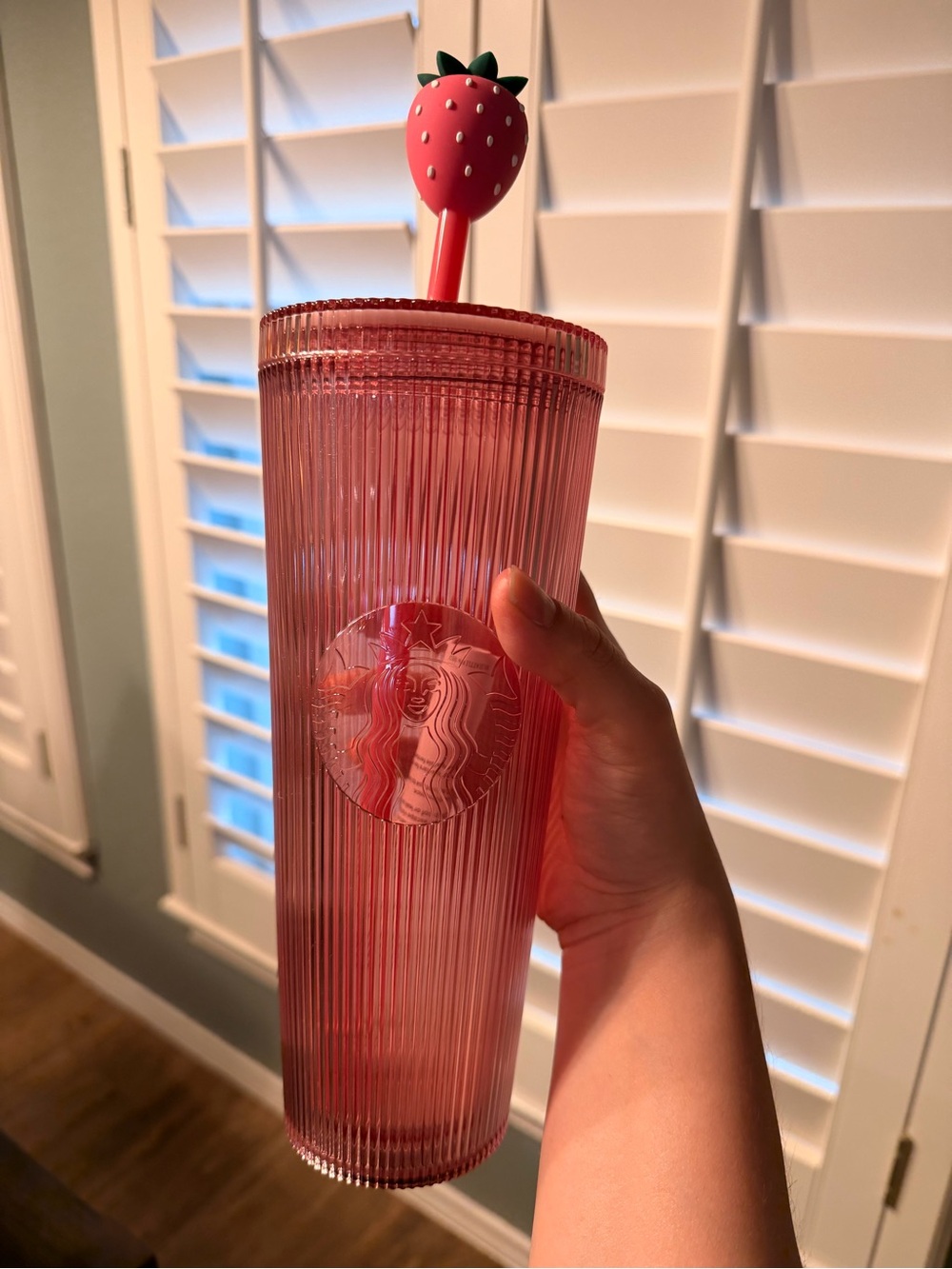 Starbucks Pink Ribbed Tumbler with Strawberry Top Straw